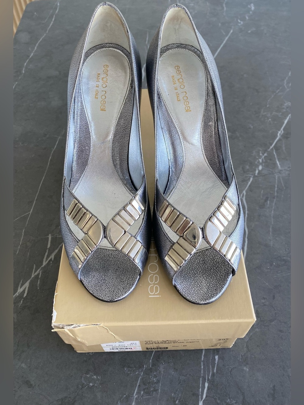 Sergio Rossi Silver Metallic Peep-Toe Heels